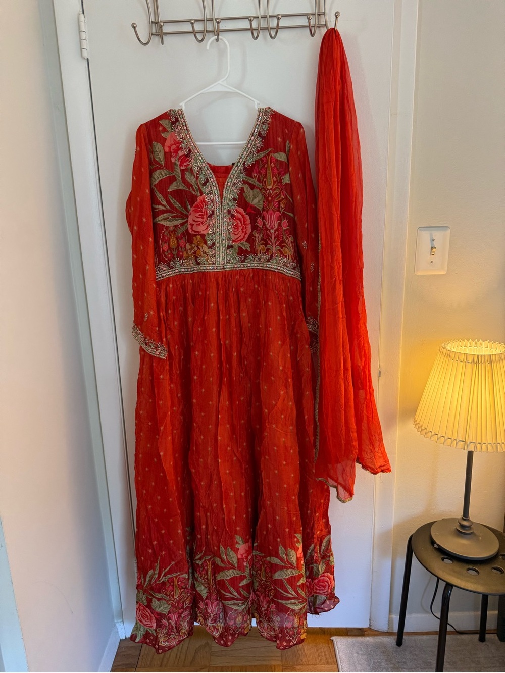 Reddish Orange Embroidered Women’s Anarkali Dress with Dupatta